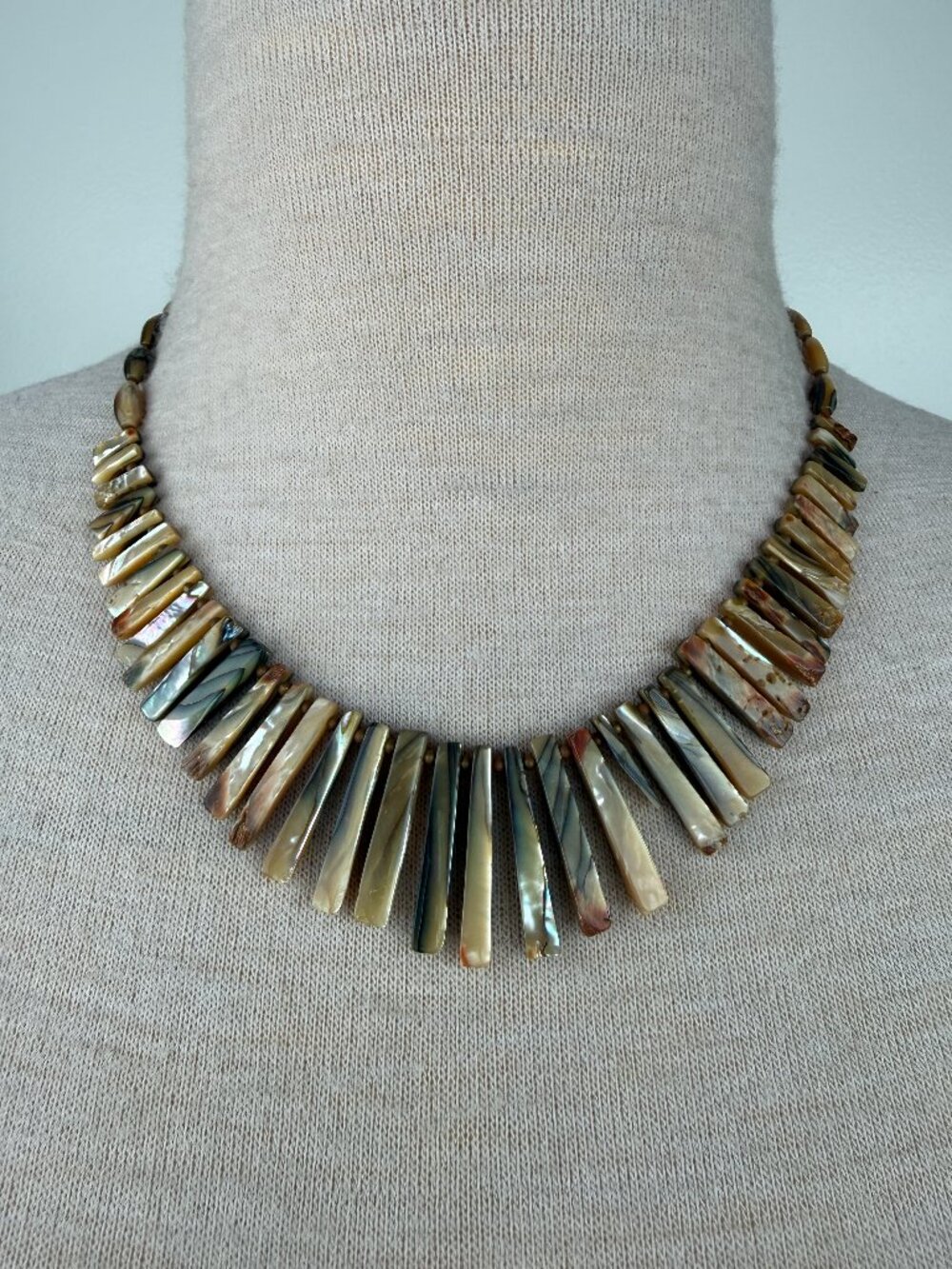 Vintage Abalone Shell Teeth Stick Beaded Bib Necklace Collar  19"